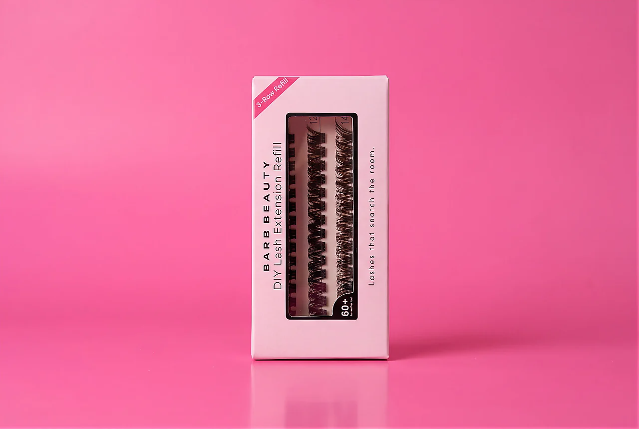 Lash Barb Beauty Reign 3-Row Refill box on a soft blush pink backdrop