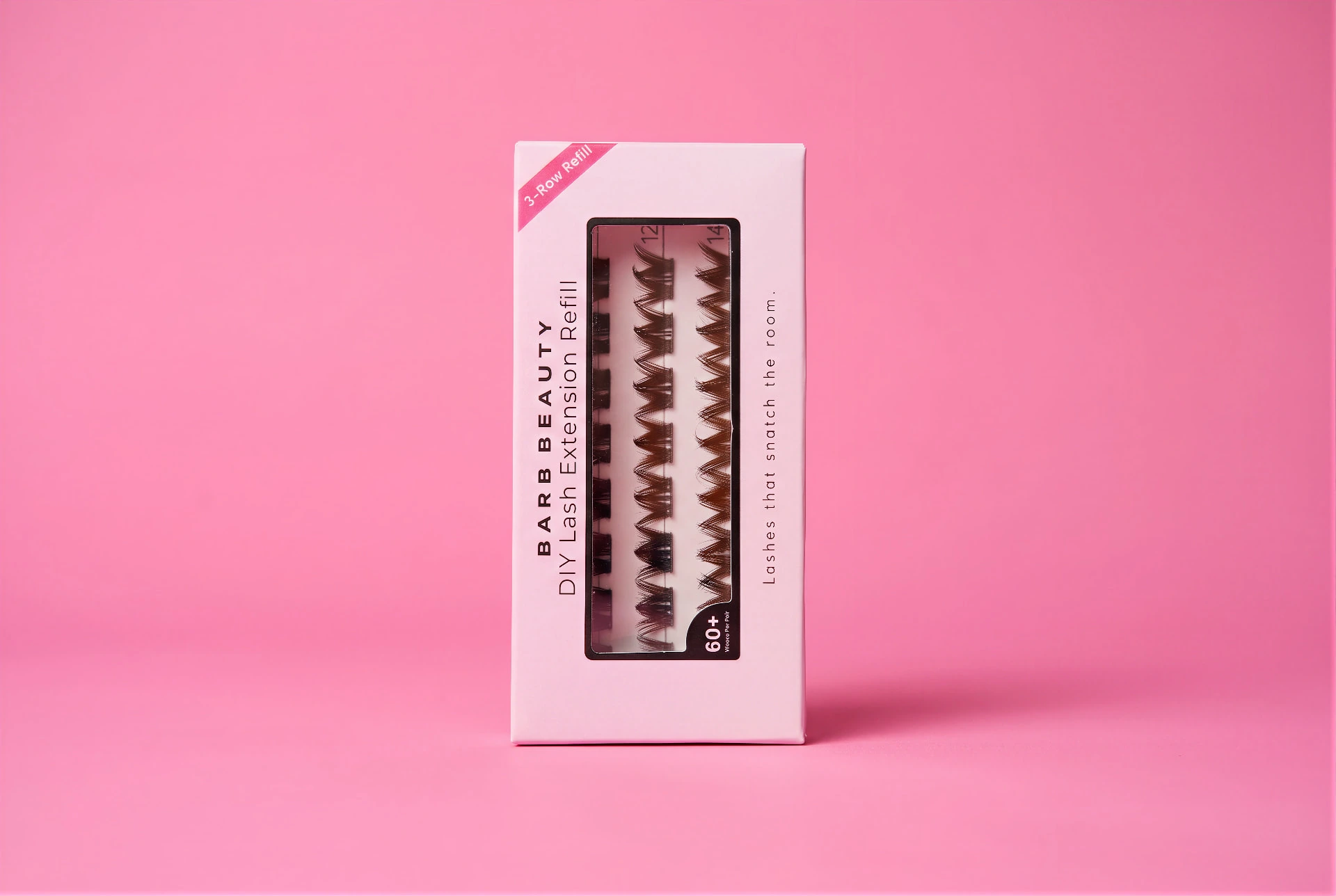 Lash Barb Beauty Majesty 3-Row Refill box on a soft blush pink backdrop