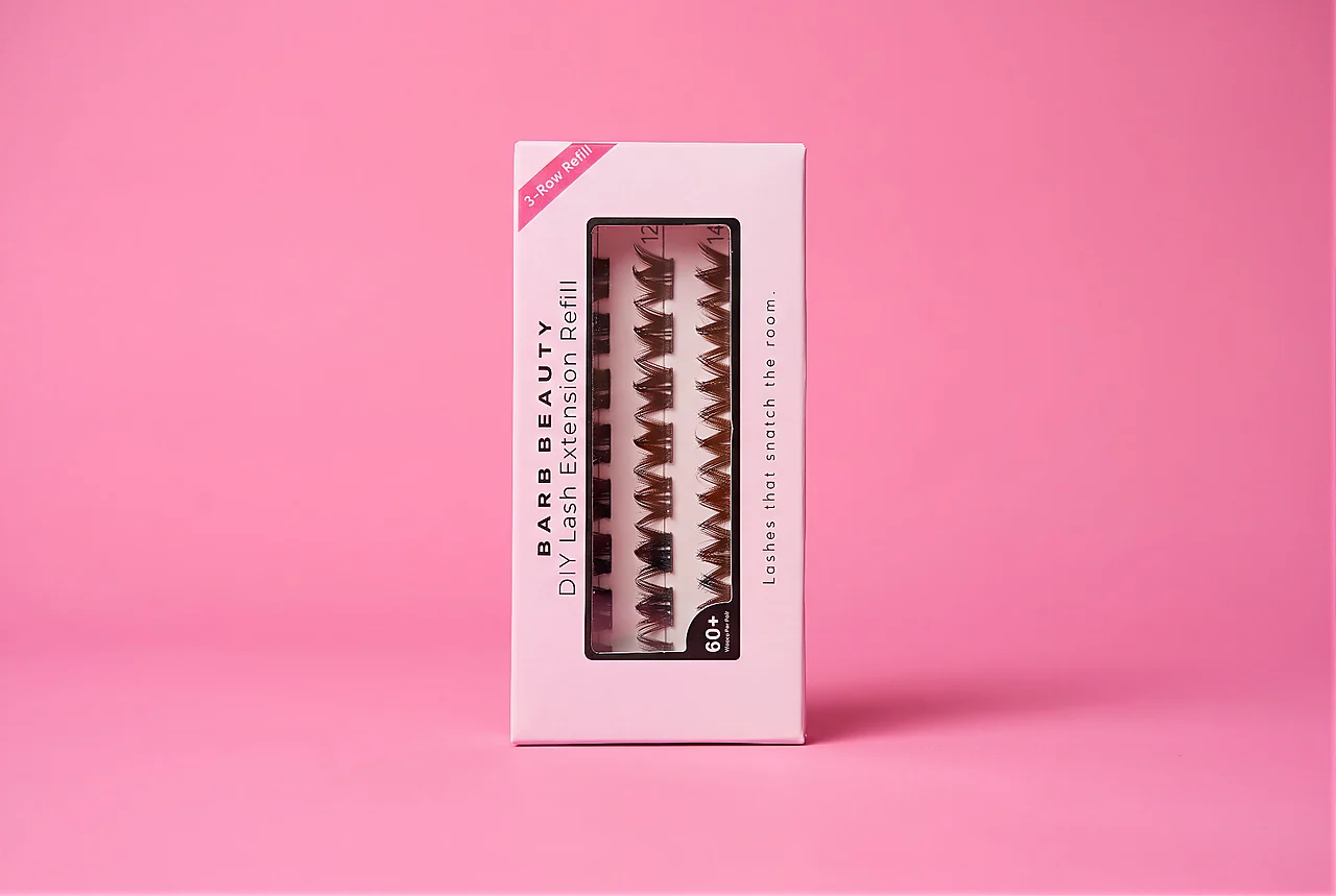 Lash Barb Beauty Majesty 3-Row Refill box on a soft blush pink backdrop