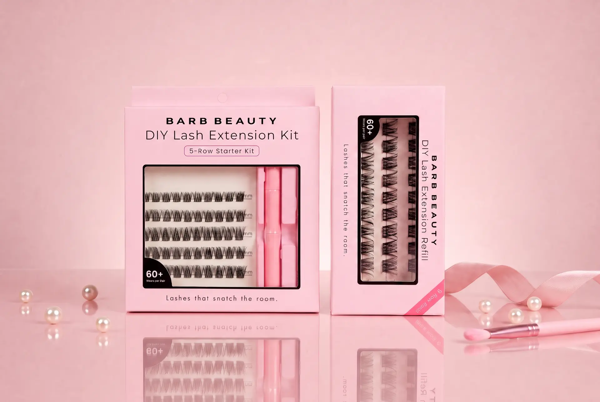 Barb Beauty 5 Row Cluster Kit and 3-Row Refill boxes on a glossy pink background