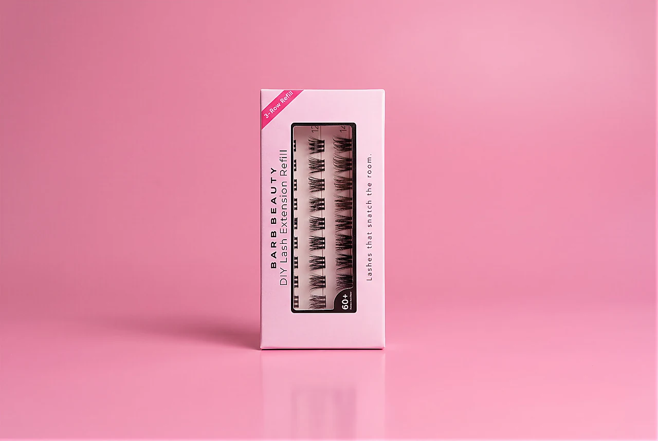 Lash Barb Beauty Cinderella 3-Row Refill box on a soft blush pink backdrop