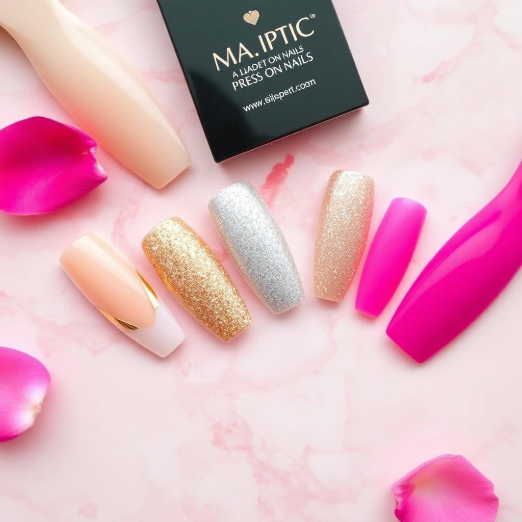 Luxury press-on nail sets in glossy nude, French tips, and glitter ombré designs