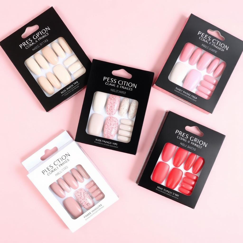 Elegant press-on nail art display with pearl white and soft pink glitter sets